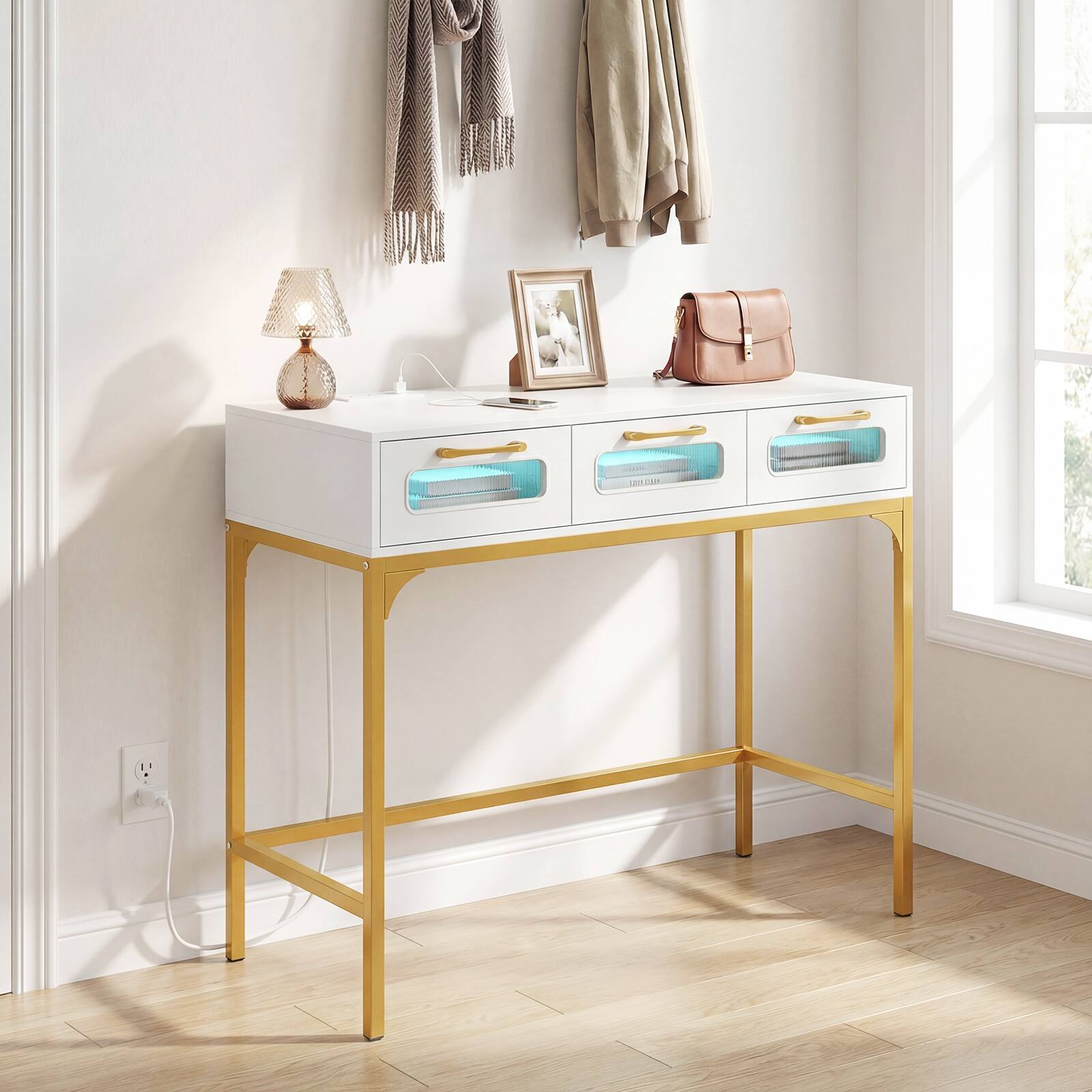 Alt View 4. Costway - Costway Console Table with LED Lighting & Charging Station,Entryway Table with 3 Drawers - White+ Golden.