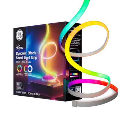 Yo Cync Dynamic Effects Smart Light Strip 16 FT Thin Profile. Individual Segment Control. Millions of Colors. 8 White Levels. That over Indr lo a more enhanced vibe. Create gradient control light segments only then create among 16 sync to music. 1 wk aino. Google Home. LIGHT STRIP POWER SUPPLY over your ve