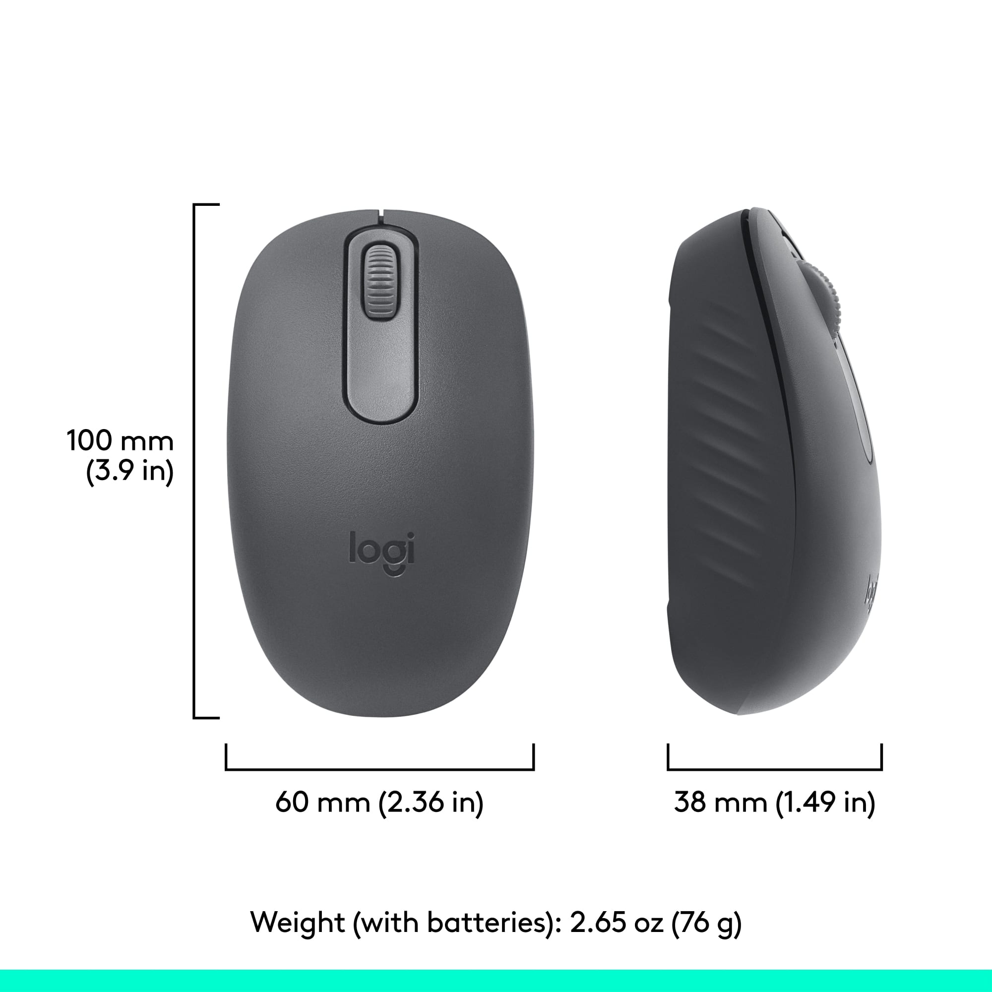 The image shows a computer mouse and a mouse pad, with the mouse being a Logitech brand. The mouse is 100 mm (3.9 in) in length, and the mouse pad is 60 mm (2.36 in) in length. The weight of the mouse with batteries is 2.65 oz (76 g).