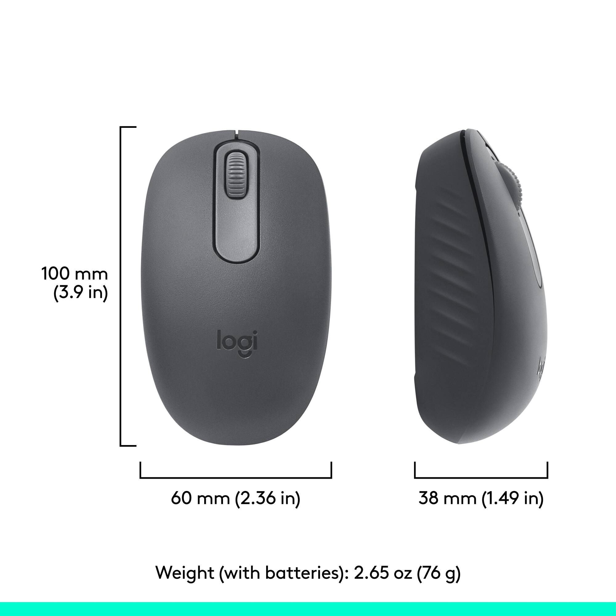 The image shows a computer mouse and a mouse pad, with the mouse being a Logitech brand. The mouse is 100 mm (3.9 in) in length, and the mouse pad is 60 mm (2.36 in) in length. The weight of the mouse with batteries is 2.65 oz (76 g).