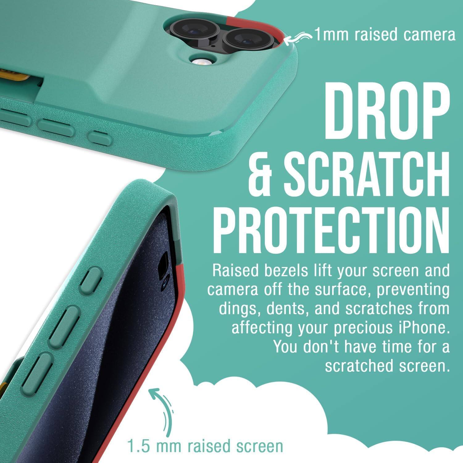 1mm raised camera  
DROP & SCRATCH PROTECTION  
Raised bezels lift your screen and camera off the surface, preventing dings, dents, and scratches from affecting your precious iPhone. You don't have time for a scratched screen.  
1.5 mm raised screen