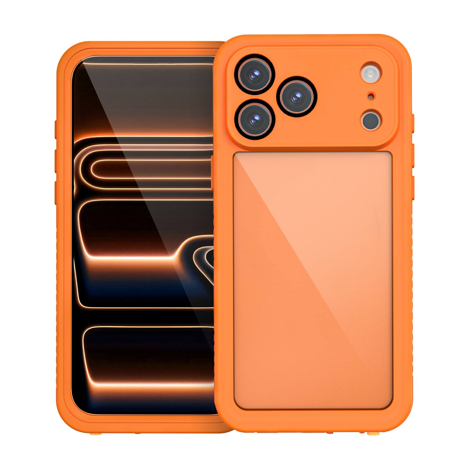 Angle. UUCOVER - Waterproof Case for Apple iPhone 17 Pro ,Shockproof Full Body Protective Case with Screen Protector Clear Back Cover - Orange.