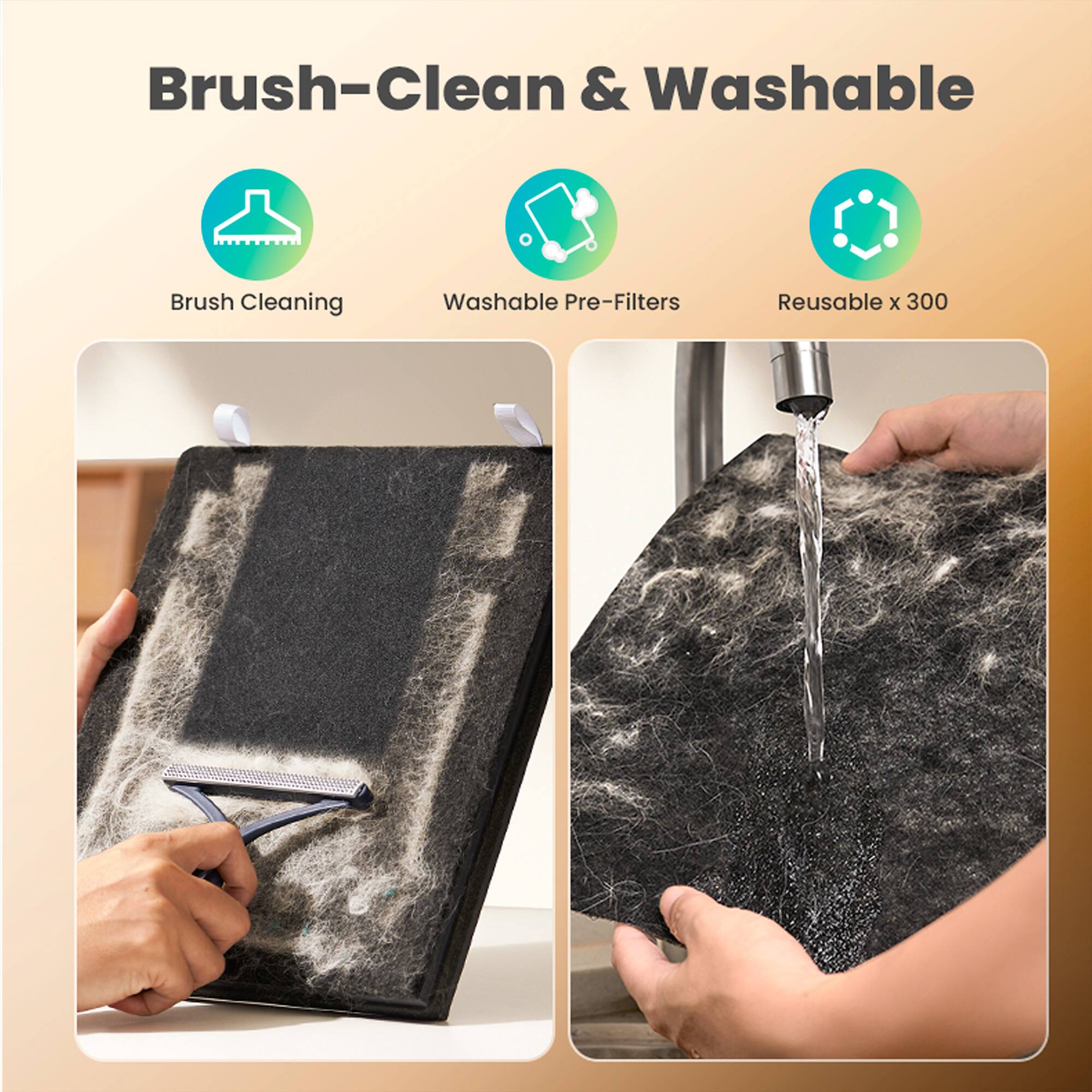 Brush-Clean & Washable  
Brush Cleaning  
Washable Pre-Filters  
Reusable x 300