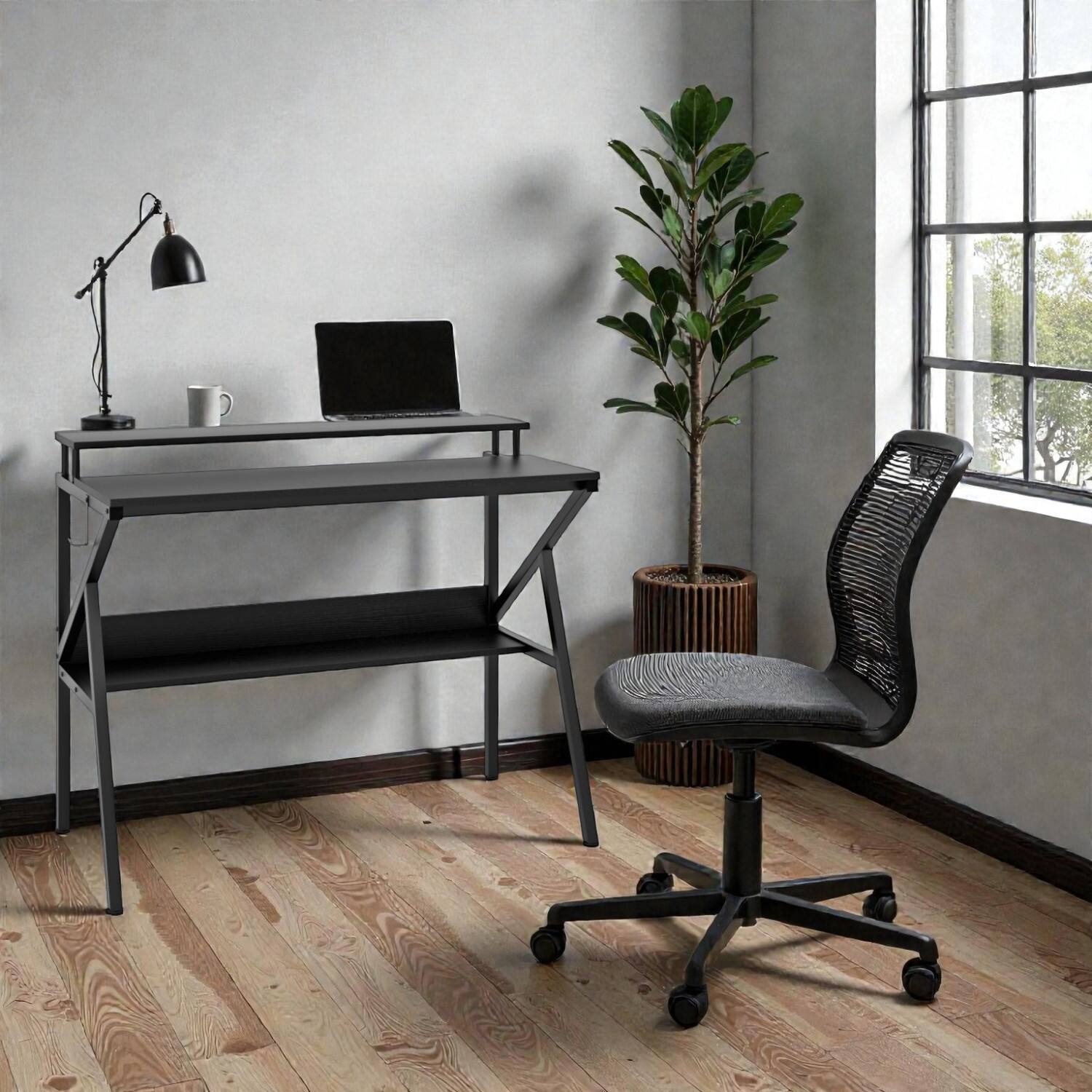 Hivvago - Slim Home Office Desk with Extra Storage and Monitor Platform - Black