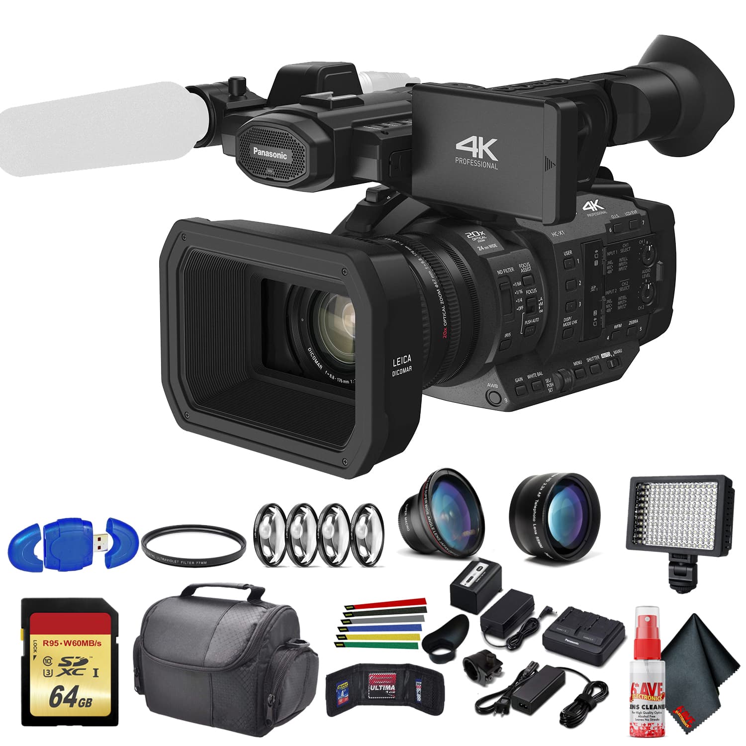 Panasonic - HC-X1 Ultra HD 4K Professional Camcorder (HC-X1) with UV Filter, Close Up Diopters, Wide Angle Lens,Tripod, Pa