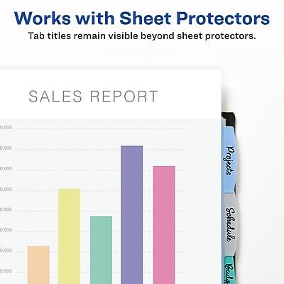 Works with Sheet Protectors  
Tab titles remain visible beyond sheet protectors.

SALES REPORT

Projects  
Schedule  
Budget
