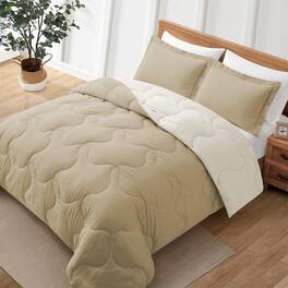 Peace Nest - 3-Piece Lightweight Reversible Down Alternative Comforter Sets with Pillowcases - Khaki/Ivory