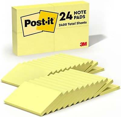 Post-it - Notes, 3" x 5", Canary Collection, 90 Sheet/Pad, 24 Pads/Pack (65524VADB) - Canary Yellow