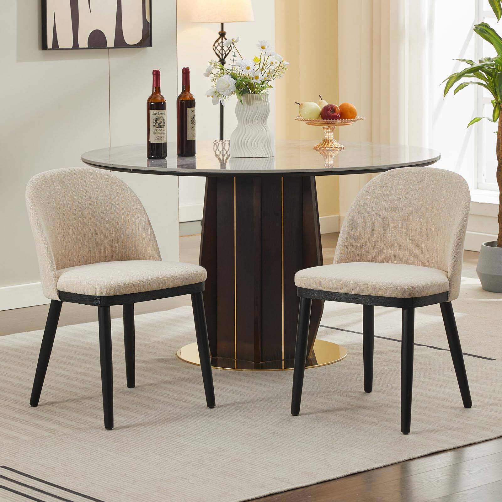Front. Acekool - Dining Chairs Set of 2, Modern Fabric Upholstered Kitchen Side Chairs with Curved Backrest and Wood Leg - Beige.