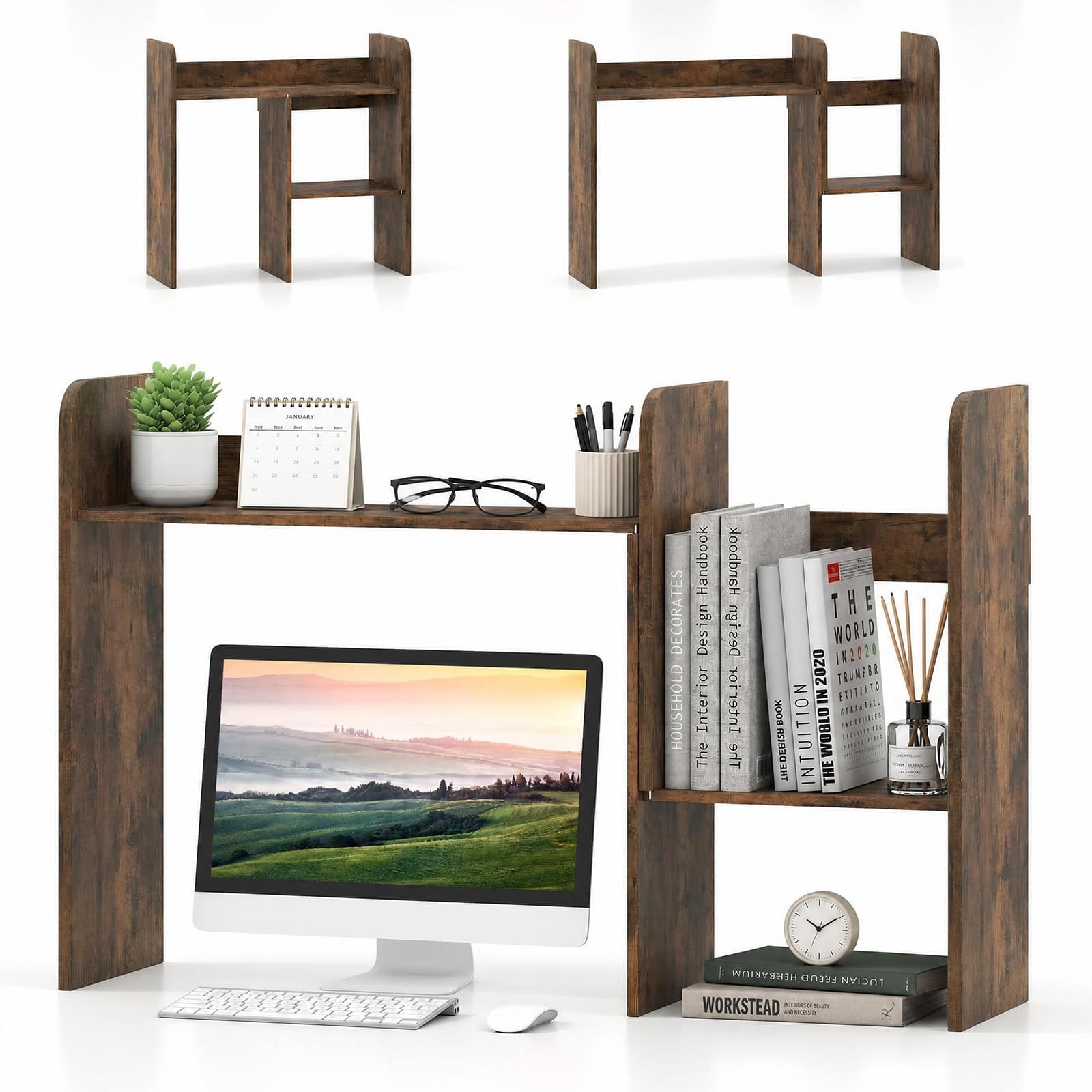 Costway - Countertop Bookcase Storage Hutch for Computer Desk, Modern Organizer for Home Office - Rustic Brown