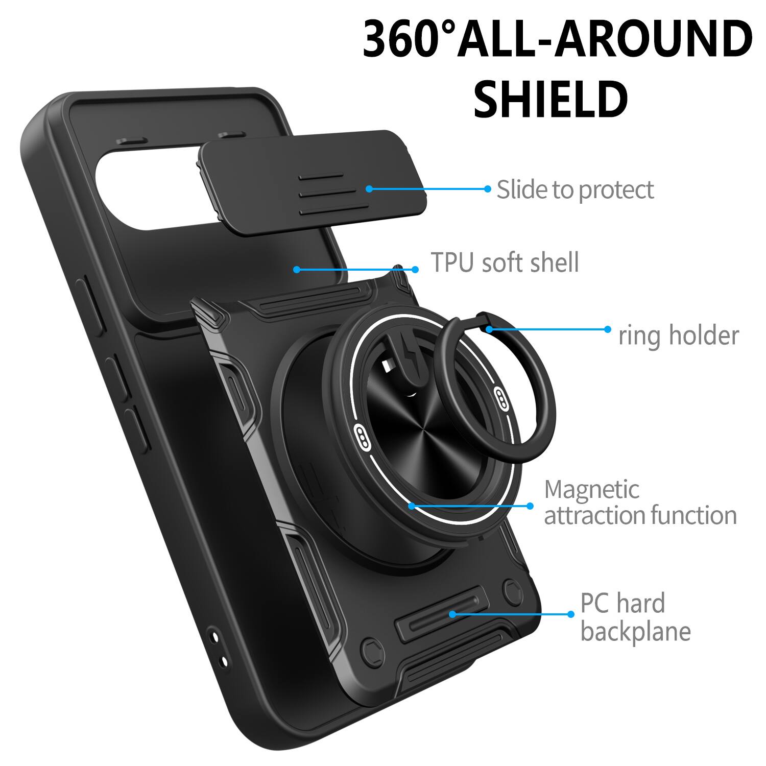 360° ALL-AROUND SHIELD

- Slide to protect
- TPU soft shell
- ring holder
- Magnetic attraction function
- PC hard backplane