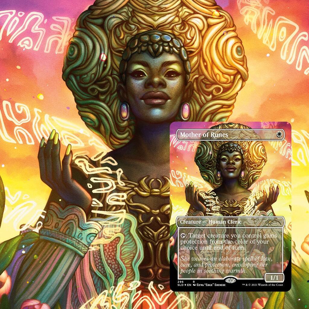 10 CD RO Mother of Runes r C Creature Human Cleric: Target creature you control gains protection from the color of your choice until end of turn. She weaves an elaborate spell of love, care, and protection, enveloping her people in soothing warmth. 1/1 296 A SLD + IN N XMA "EDGE" ERENERE & e 2021 nuands of de Codnt