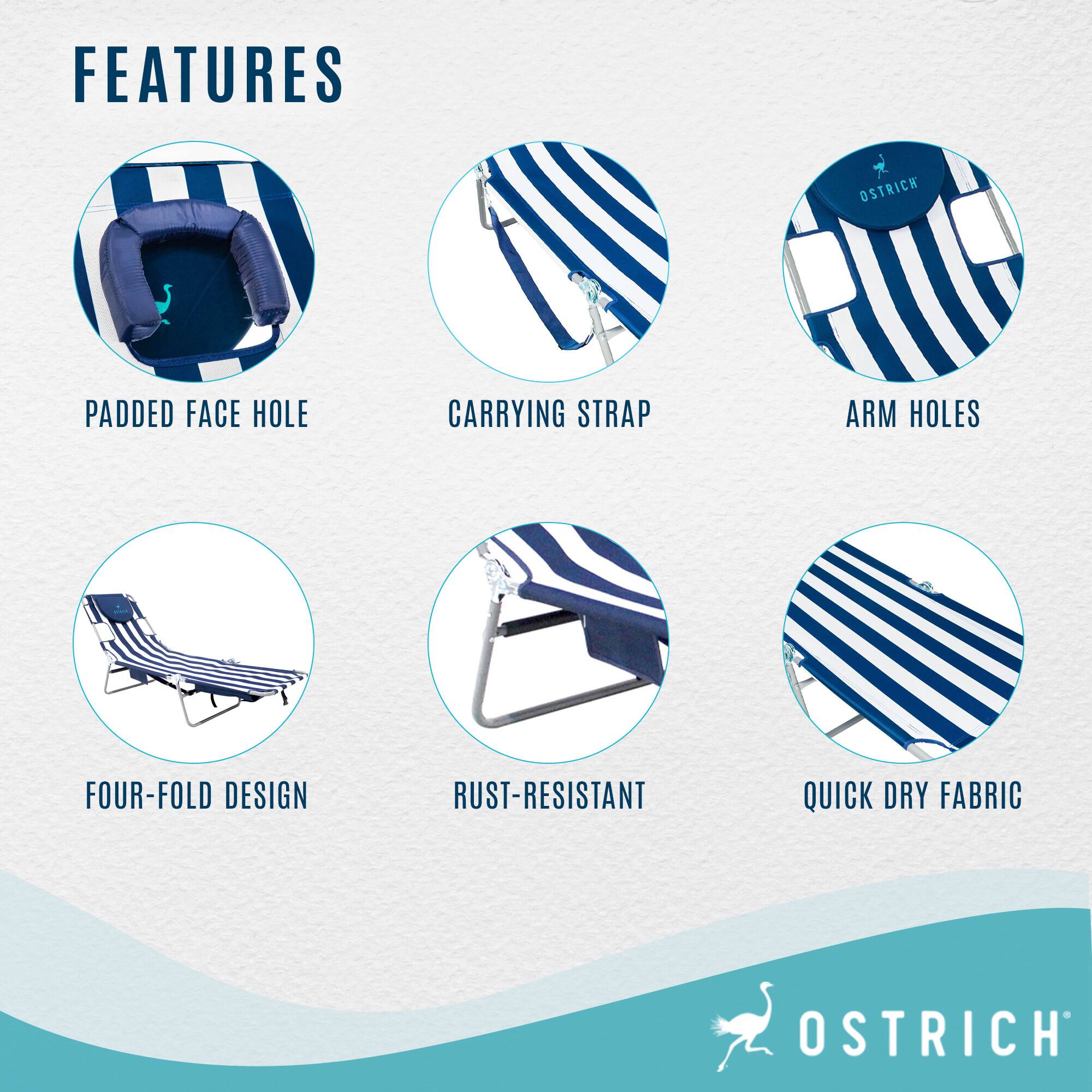 FEATURES  
- PADDED FACE HOLE  
- CARRYING STRAP  
- ARM HOLES  
- FOUR-FOLD DESIGN  
- RUST-RESISTANT  
- QUICK DRY FABRIC  

OSTRICH