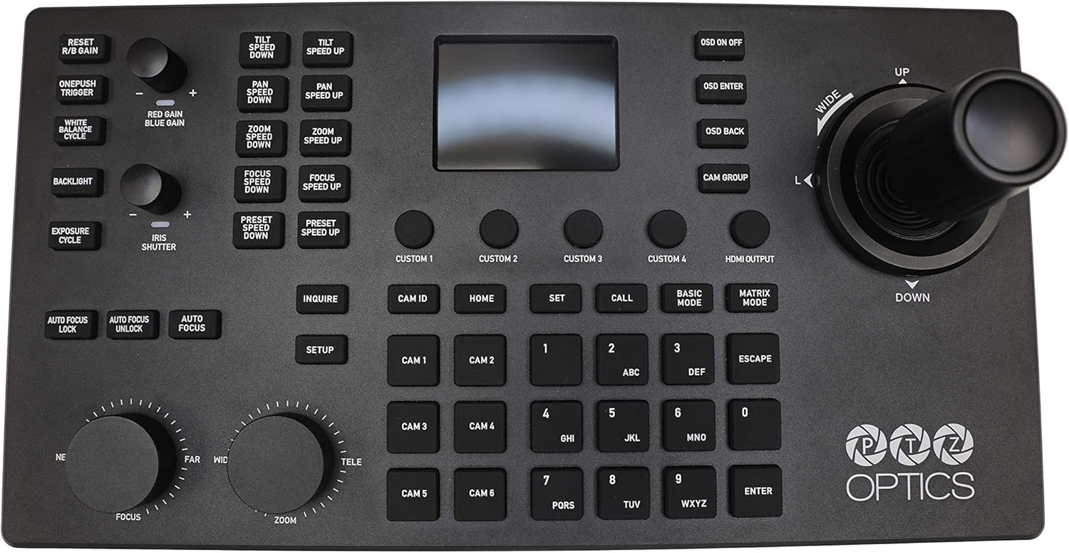 RESET R/B GAIN  
ONEPUSH TRIGGER  
WHITE BALANCE CYCLE  
I + RED GAIN BLUE GAIN  
TILT SPEED DOWN PAN SPEED DOWN ZOOM SPEED DOWN  
TILT SPEED UP PAN SPEED UP ZOOM SPEED UP  
OSD ON OFF OSD ENTER OSD BACK  
WIDE UP BACKLIGHT  
FOCUS SPEED DOWN FOCUS SPEED UP  
CAM GROUP L  
EXPOSURE CYCLE + IRIS SHUTTER  
PRESET SPEED DOWN PRESET SPEED UP  
CUSTOM 1 CUSTOM 2 CUSTOM 3 CUSTOM 4  
HDMI OUTPUT INQUIRE  
CAM ID HOME SET CALL  
BASIC MODE MATRIX MODE  
DOWN AUTO FOCUS LOCK AUTO FOCUS UNLOCK AUTO FOCUS SETUP  
CA 1 AM 2 1 2 ABC 3 DEF ESCAPE  
NE FOCUS FAR WIC ZOOM TELE  
CAM 3 5 A 4 AM 6 4 GHI 7 PORS 5 JKL 8 TUV 6 MNO 9 WXYZ 0 ENTER  
P T Z OPTICS