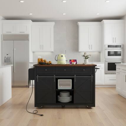 Front. Forest'nSky - 53.7" Black Farmhouse Kitchen Cart on Wheels with Power Strip, Barn Door Storage - Black.