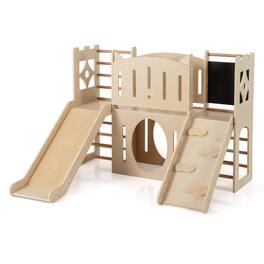 Costway - 8-in-1 Toddler Slide with Slide Climber, Ladders, Toy Storage, Chalkboard, Hideouts - Natural