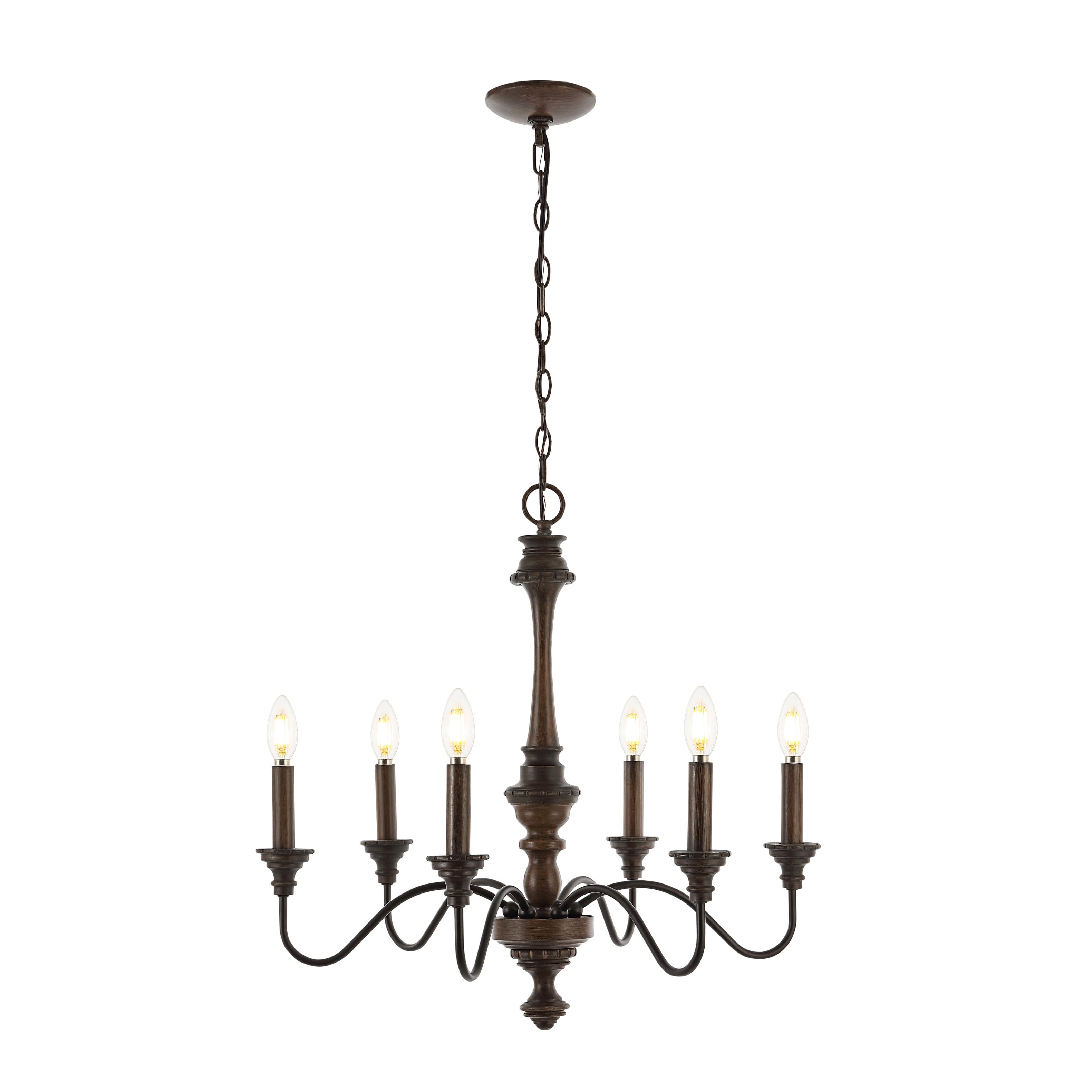 "Jonathan Y - Oakley 25"" 6-Light Midcentury Farmhouse Iron LED Chandelier, Wood Finished/Oil Rubbed Bronze - Light Brown/Oil Rubbed Bronze" price history on PriceWatchPro