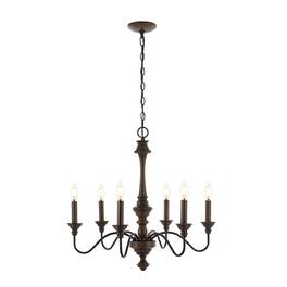 Jonathan Y - Oakley 25" 6-Light Midcentury Farmhouse Iron LED Chandelier, Wood Finished/Oil Rubbed Bronze - Light Brown/Oil Rubbed Bronze