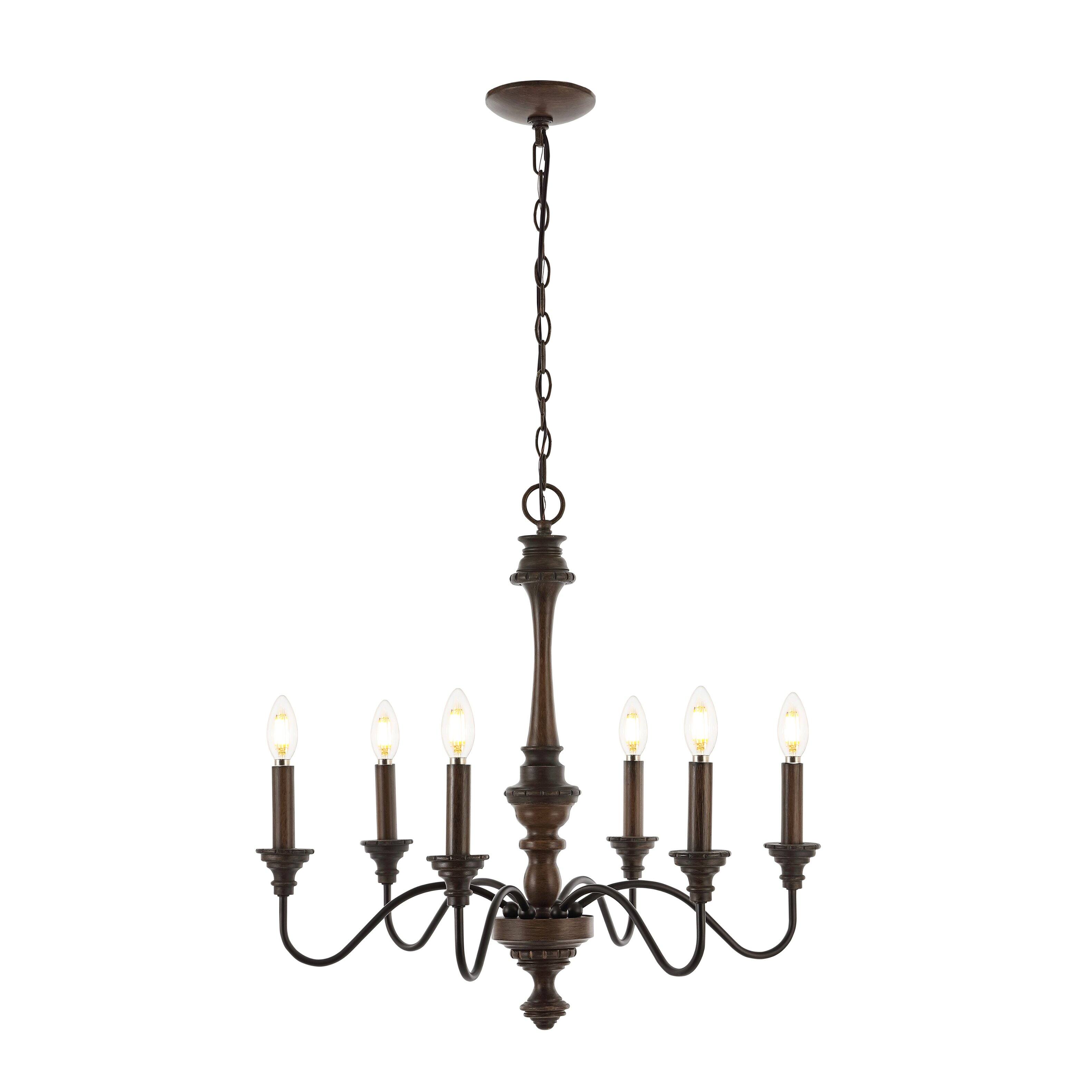 Front. Jonathan Y - Oakley 25" 6-Light Midcentury Farmhouse Iron LED Chandelier, Wood Finished/Oil Rubbed Bronze - Light Brown/Oil Rubbed Bronze.