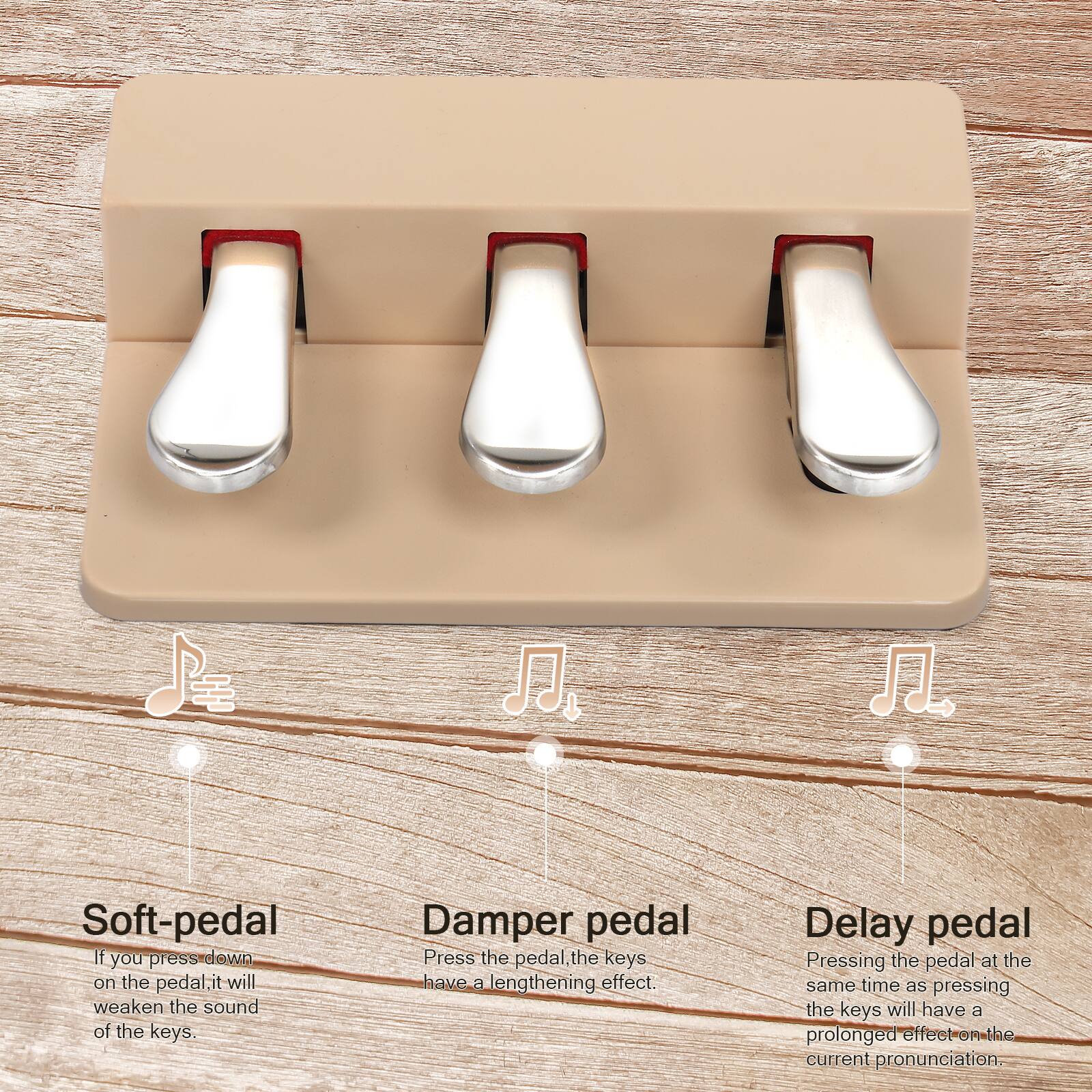 Soft-pedal  
If you press down on the pedal, it will weaken the sound of the keys.  

Damper pedal  
Press the pedal, the keys have a lengthening effect.  

Delay pedal  
Pressing the pedal at the same time as pressing the keys will have a prolonged effect on the current pronunciation.