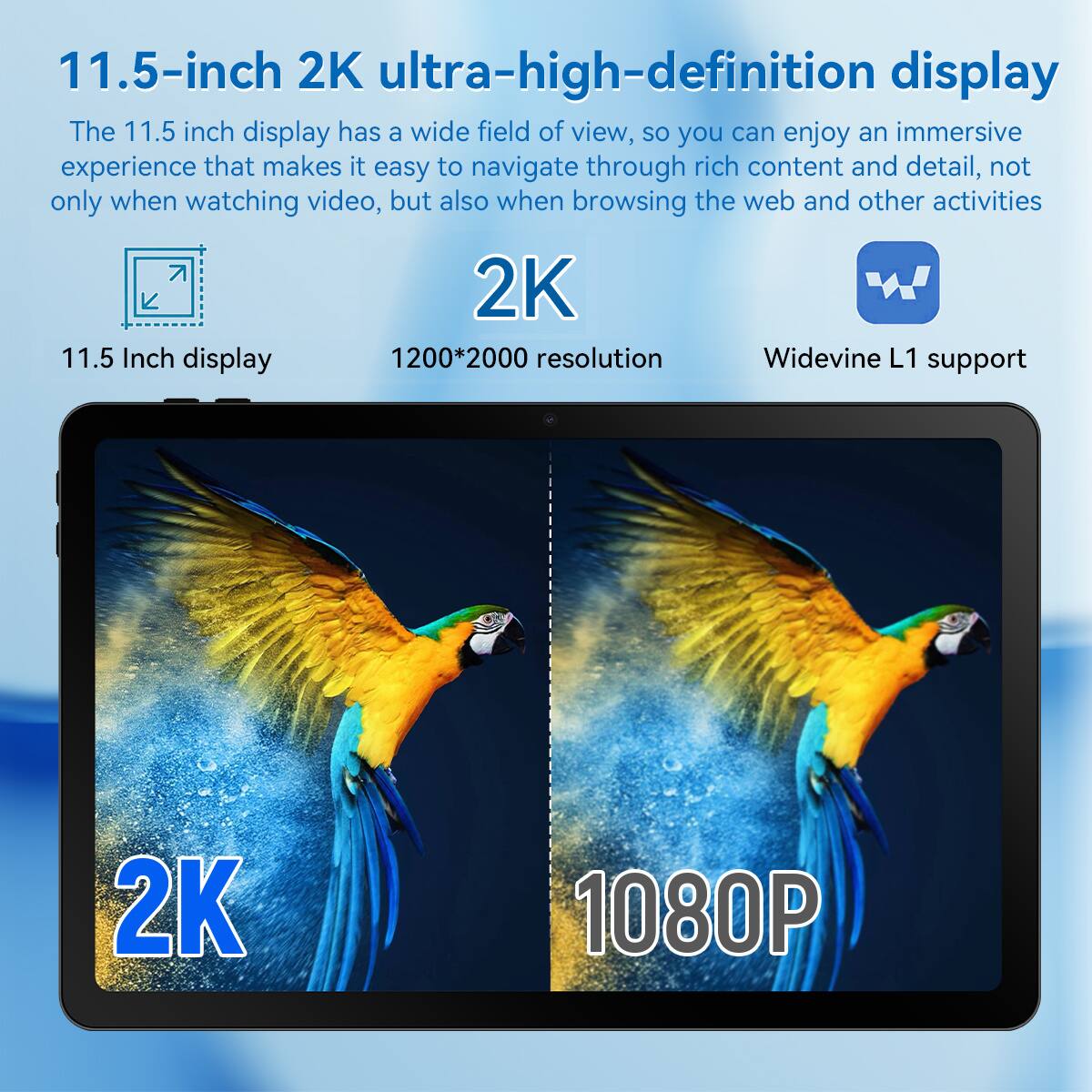 11.5-inch 2K ultra-high-definition display

The 11.5-inch display has a wide field of view, so you can enjoy an immersive experience that makes it easy to navigate through rich content and detail, not only when watching video, but also when browsing the web and other activities.

- 11.5-inch display
- 1200*2000 resolution
- Widevine L1 support

2K

1080P
