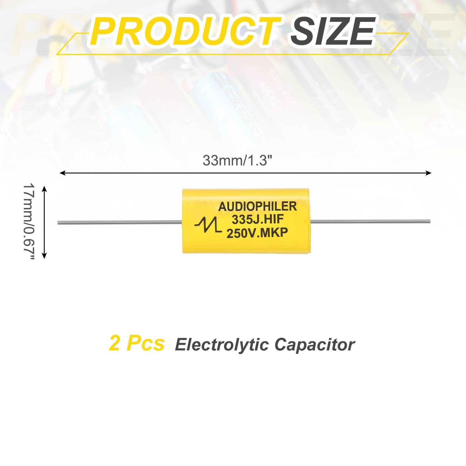 RIA PRODUCT SIZE BE TR509 27010% 33mm/1.3" AUDIOPHILER 17mm/0.67" 335J.HIF 250V.MKP 2 Pcs Electrolytic Capacitor
