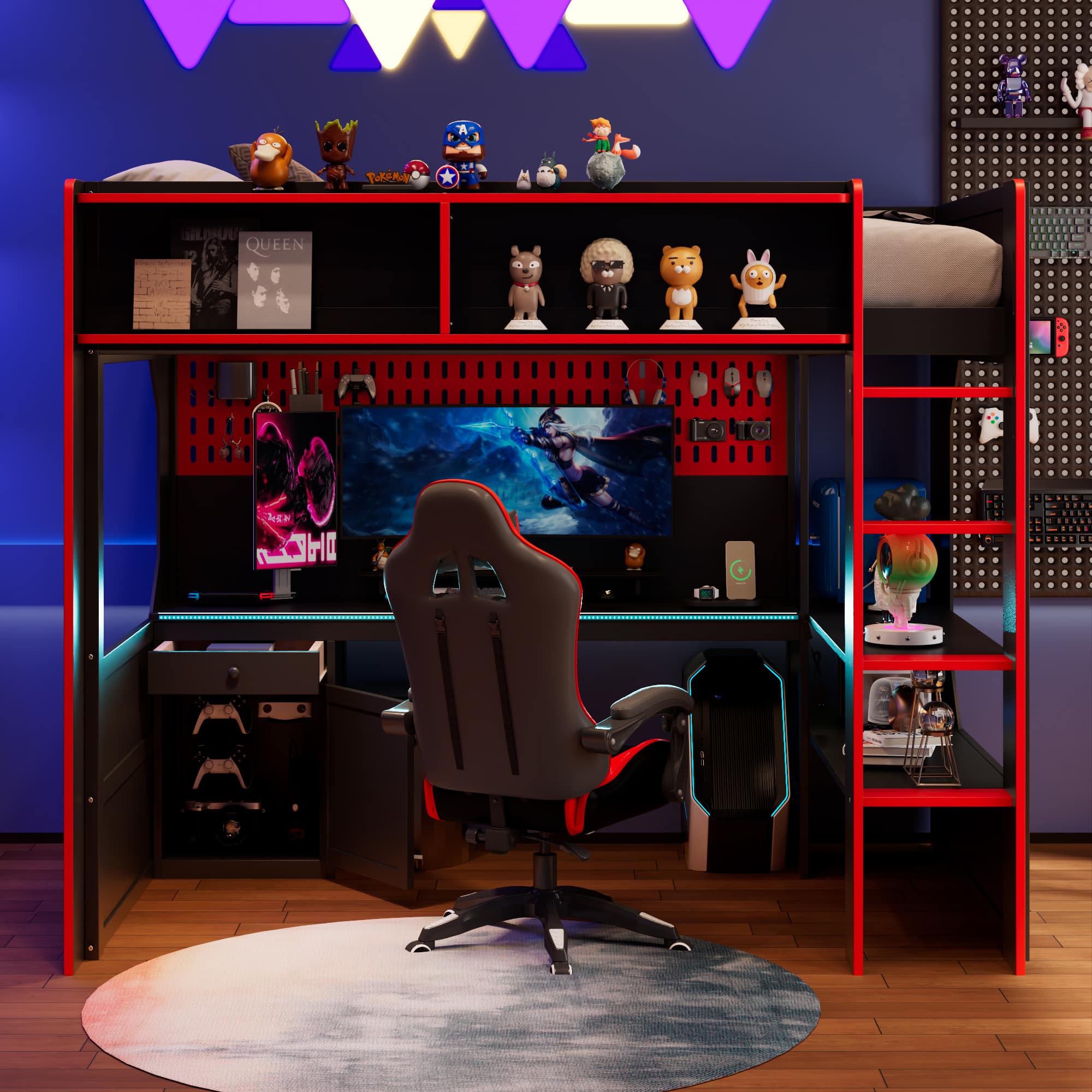 Anysun - Twin Gaming Loft Bed with Integrated Desk & Lights - Wooden Frame, Built-in Charging Station - Red