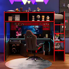 Anysun - Twin Gaming Loft Bed with Integrated Desk & Lights - Wooden Frame, Built-in Charging Station - Red