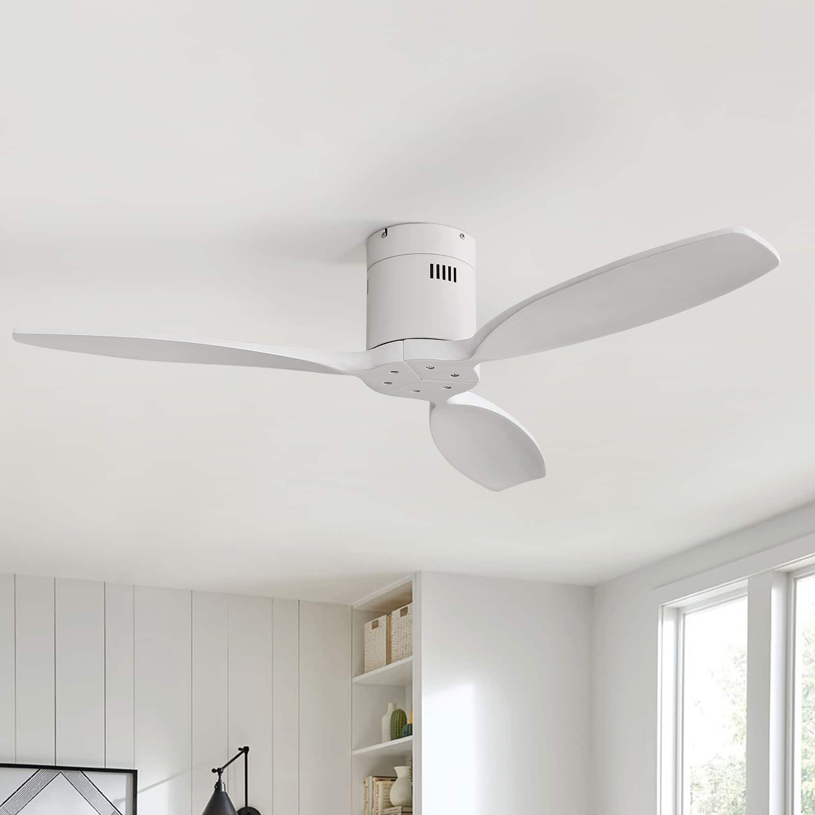Sofucor - 52'' Flush Mount Ceiling Fan without Lights Remote Control Wood Blades Reversible DC Modern Ceiling Fan Indoor Outdoor - White