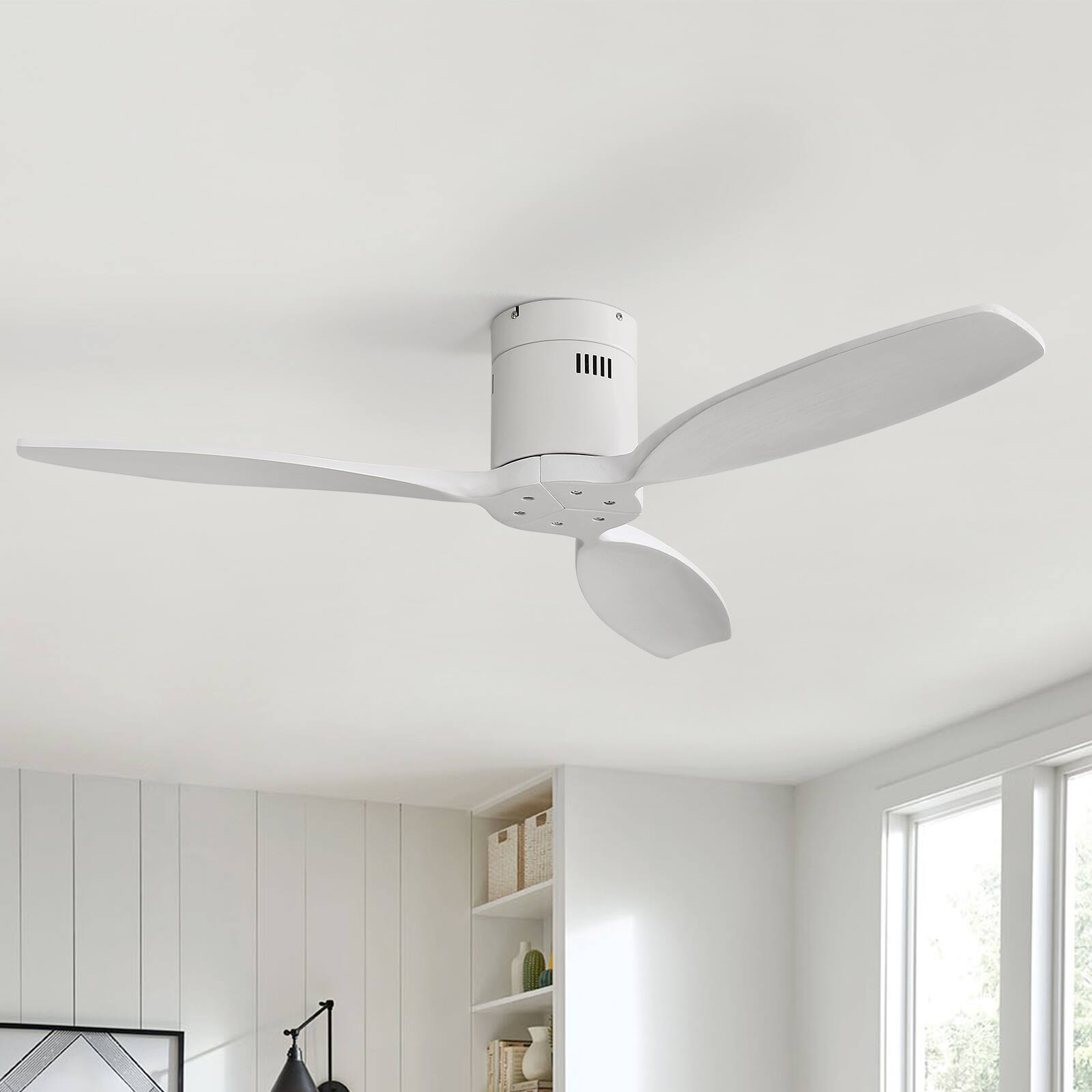 Sofucor - 52'' Flush Mount Ceiling Fan without Lights Remote Control Wood Blades Reversible DC Modern Ceiling Fan Indoor Outdoor - White