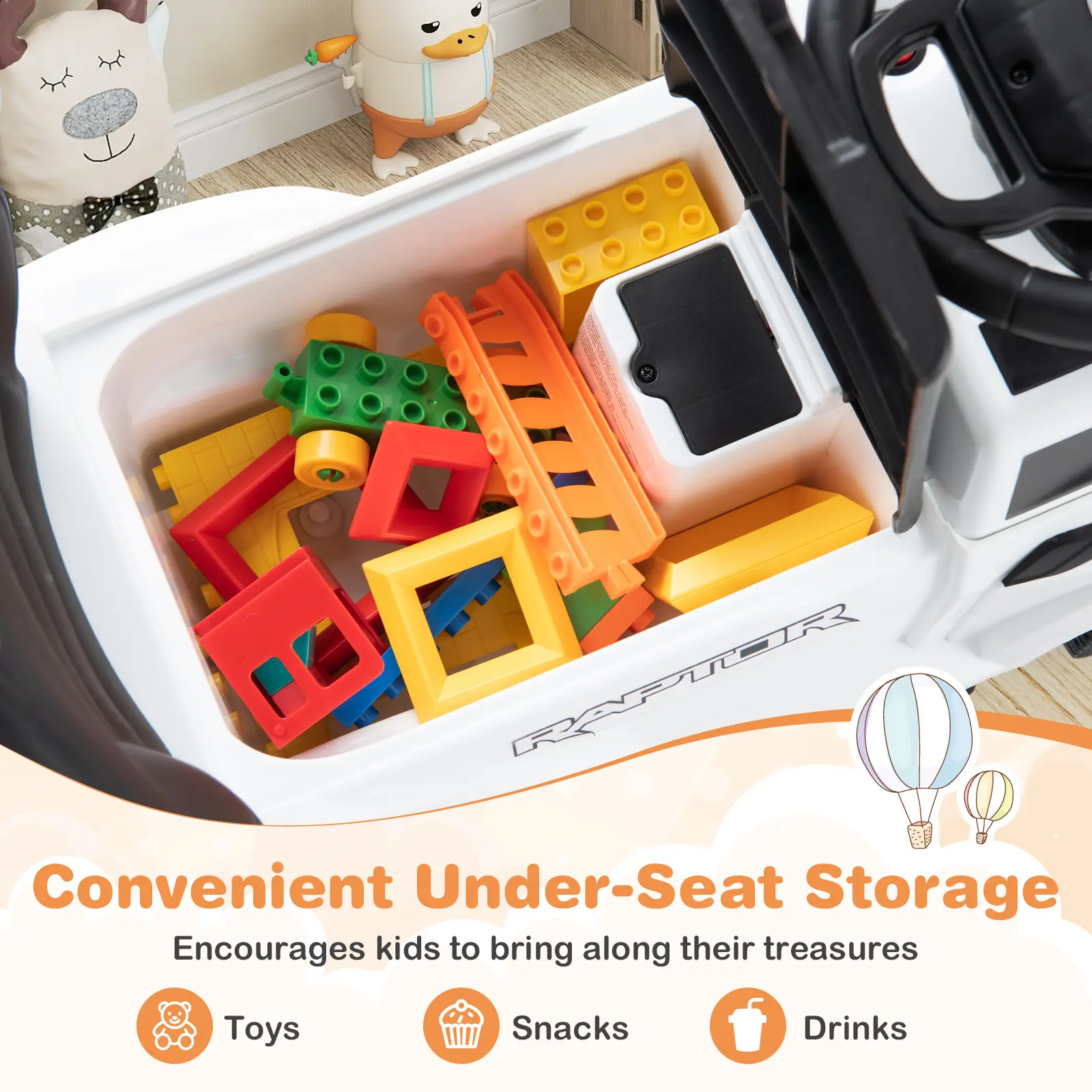 RAPTOR Convenient Under-Seat Storage Encourages kids to bring along their treasures Toys Snacks Drinks