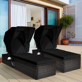 Gymax - Set of 2 Rattan Patio Chaise Lounge Chair W/ Adjustable Canopy Cushion - Black