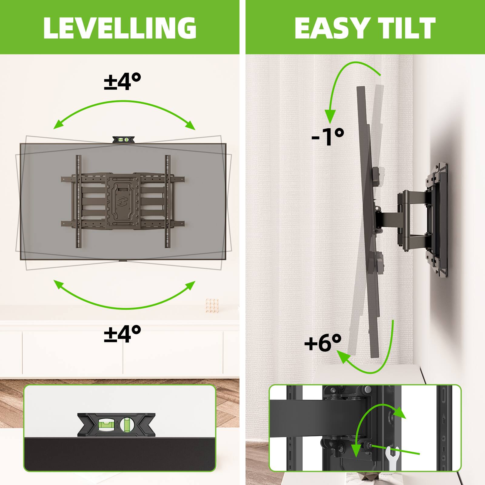 LEVELLING: ±4°  
EASY TILT: -1°, +6°