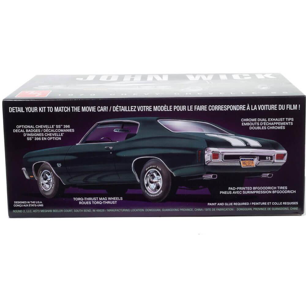 Sure, here is the corrected and grouped text from the image:

---

**JOHN WICK**

**DETAIL YOUR KIT TO MATCH THE MOVIE CAR! / DÉTAILLEZ VOTRE MODÈLE POUR LE FAIRE CORRESPONDRE À LA VOITURE DU FILM!**

- **OPTIONAL CHEVELLE SS" 396 DECAL BADGES / DÉCALCOMANIES D'INSIGNES CHEVELLE SS" 396 EN OPTION**
- **CHROME DUAL EXHAUST TIPS / EMBOUTS D'ÉCHAPEMENTS DOUBLES CHROMÉS**
- **TORQ-THRUST MAG WHEELS / ROUES TORQ-THRUST**
- **PAD-PRINTED BFGOODRICH TIRES / PNEUS AVEC SURIMPRESSION BFGOODRICH**
- **PAINT AND GLUE REQUIRED / PEINTURE ET COLLE REQUISES**

**DESIGNED IN THE USA / CONÇU AUX ÉTATS-UNIS**

**ROUND 2, LLC. 4073 MEGHAN BEELER COURT, SOUTH BEND, IN 46628 / LIEU DE