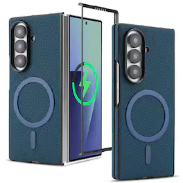 Dteck - Magnetic Carbon Fiber Texture Case for Samsung Galaxy Z Fold7, Slim Shockproof Phone Cover with Raised Edge Protection - Blue