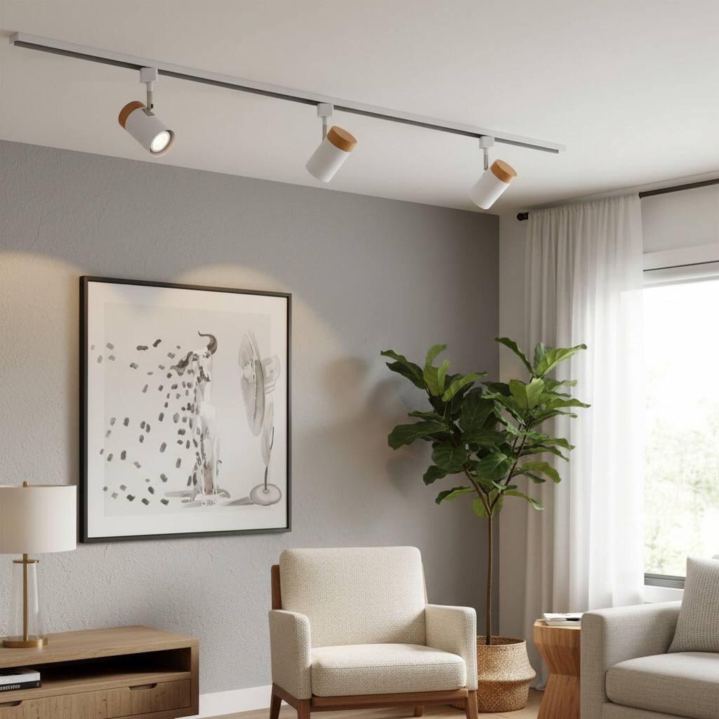 Alt View 2. Dazzed Corner - 6 Pack H-Type Track Lighting Heads, Natural Solid Wood with Matte White Lampshade - White.