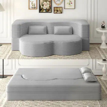 Front. Trinkets Crazed - Convertible Sleeper Sofa Bed,15" Thick Full Size Folding Floor Couch, Corduroy Foam-Filled Futon Loveseat Couch - Light Grey.