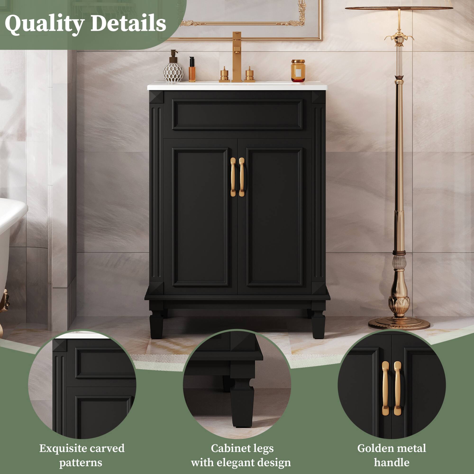 Quality Details

- Exquisite carved patterns
- Cabinet legs with elegant design
- Golden metal handle