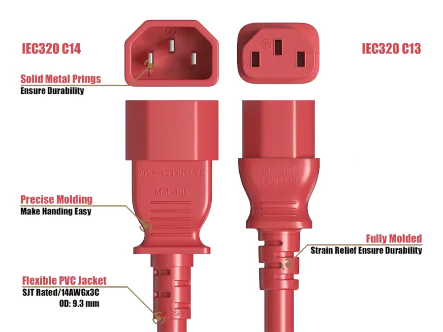 Cabling A High Power Rack Cable Leader Power Extension Cord, IEC C13 to C14 Heavy Duty, 14 AWG ...
