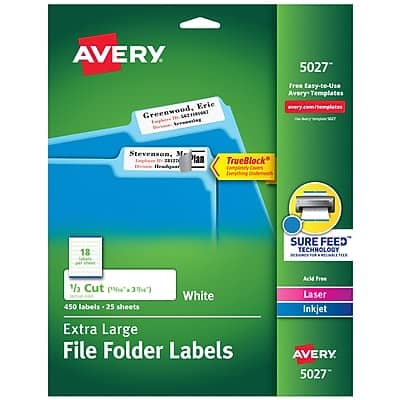 "Avery - TrueBlock Laser/Inkjet Extra Large File Folder Labels, 15/16"" x 3-7/16"", 450 Labels/Pack (5027) - White" price history on PriceWatchPro