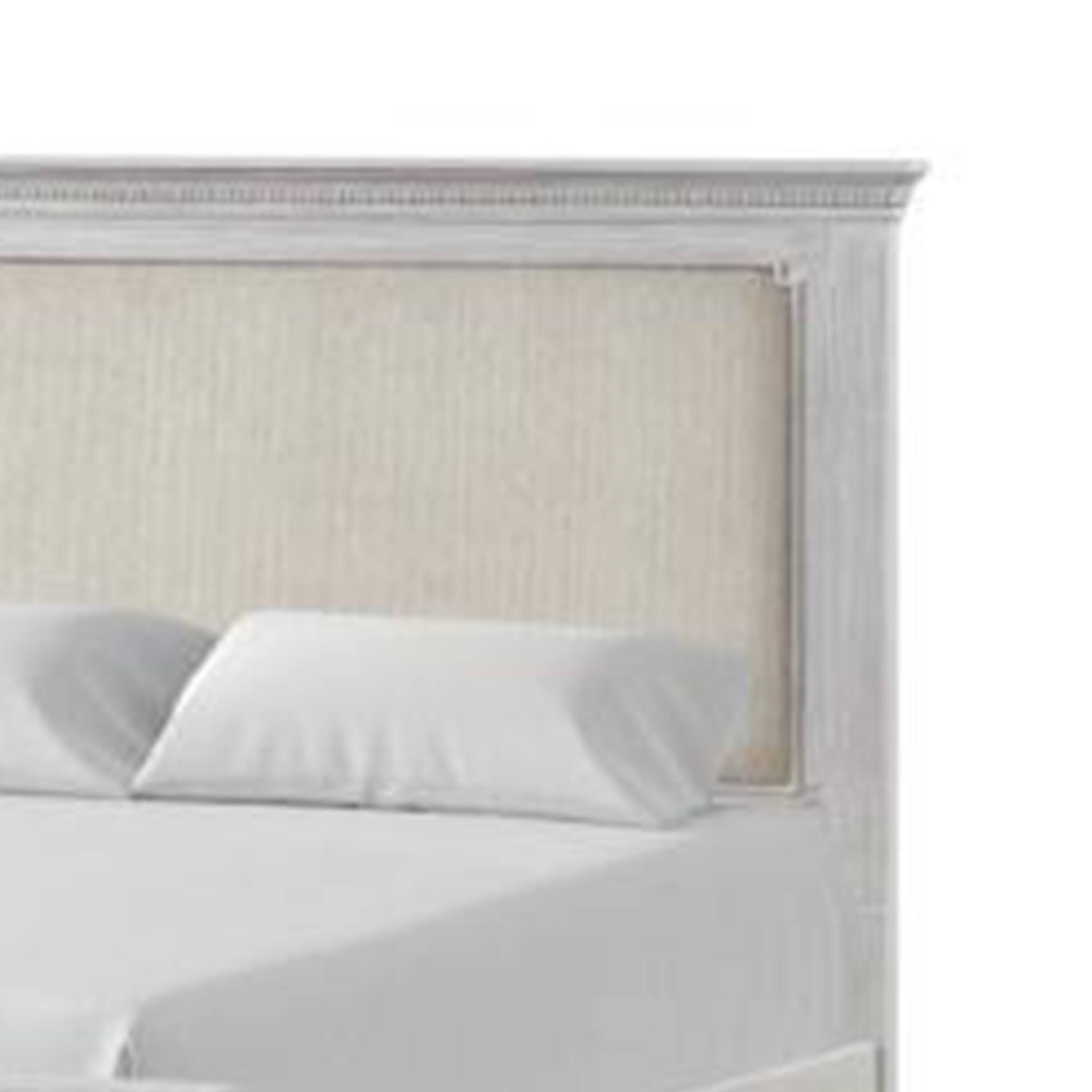 Alt View 2. Manhattan Lane - Leyne Queen Bed, Cream Upholstery, Dentil Molding Weathered Gray Wood - Gray, Cream.