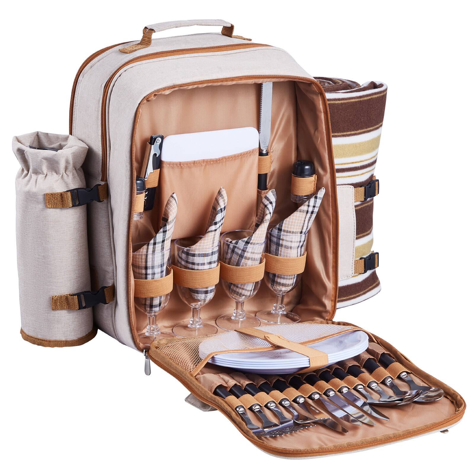 Alt View 5. VEVOR - Picnic Backpack, Beach Picnic Backpack Bag for 4 Person with Insulated Cooler Compartment, Detachable Bottle/Wine Holder - Beige.