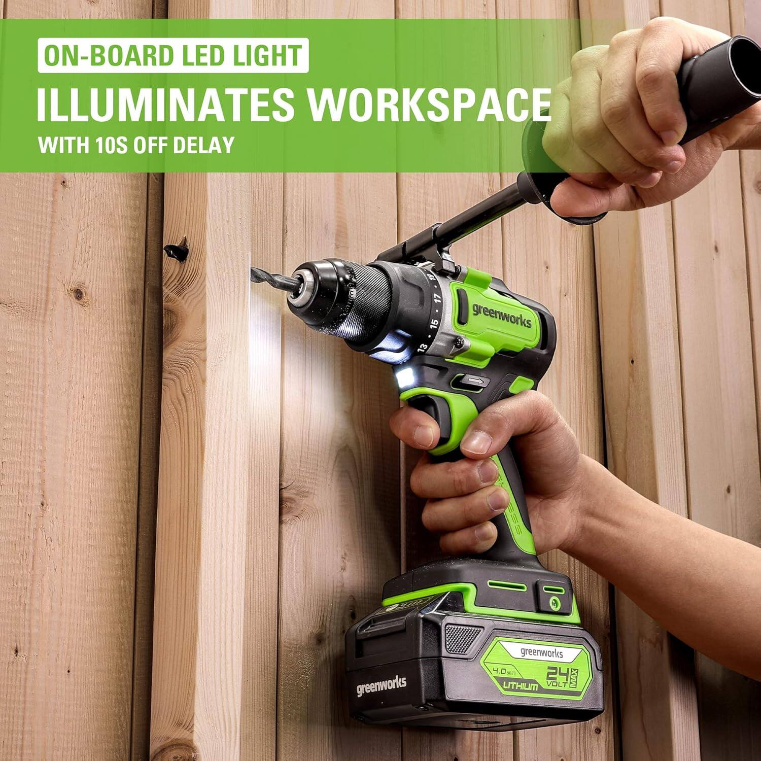 ON-BOARD LED LIGHT  
ILLUMINATES WORKSPACE  
WITH 10S OFF DELAY  

greenworks  
4.0 LITHIUM  
24VOLT