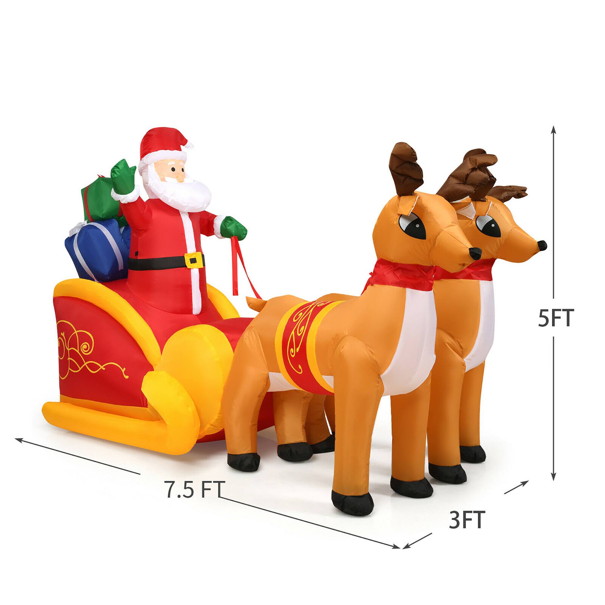 The text on the image reads "5FT 7.5 FT 3FT," which indicates the height of the Santa Claus and reindeer figurines. Santa Claus is 5 feet tall, while the reindeer figurines are 7.5 feet and 3 feet tall, respectively.
