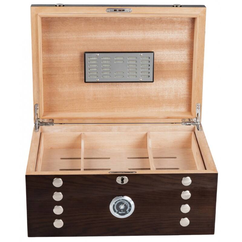 Angle. Prestige - Montpellier Studded Humidor - High Gloss Elm Wood Deep Brown Finish.