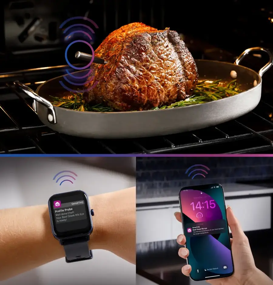 The image shows a person wearing a watch and holding a smartphone. The watch displays the time of 14:15, and the smartphone shows that the beef is ready. The image also shows a roasting pan with a roast in it, indicating that the beef is being cooked. The person is likely monitoring the cooking process using the smartphone and watch.