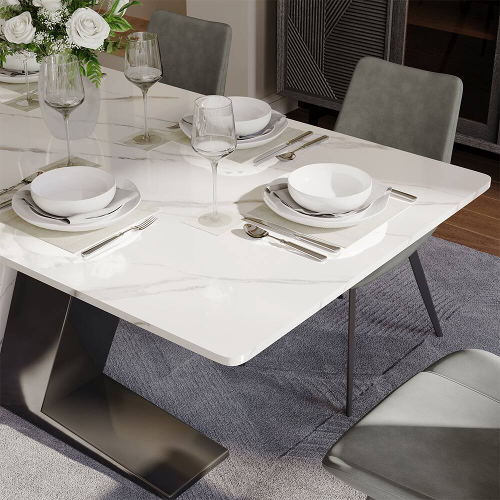 Back. POVISON - 71"Modern Glossy White Sintered Stone Rectangular Dining Table for 4-6, White & Black Z-shaped Stainless Steel Base - White & Black.