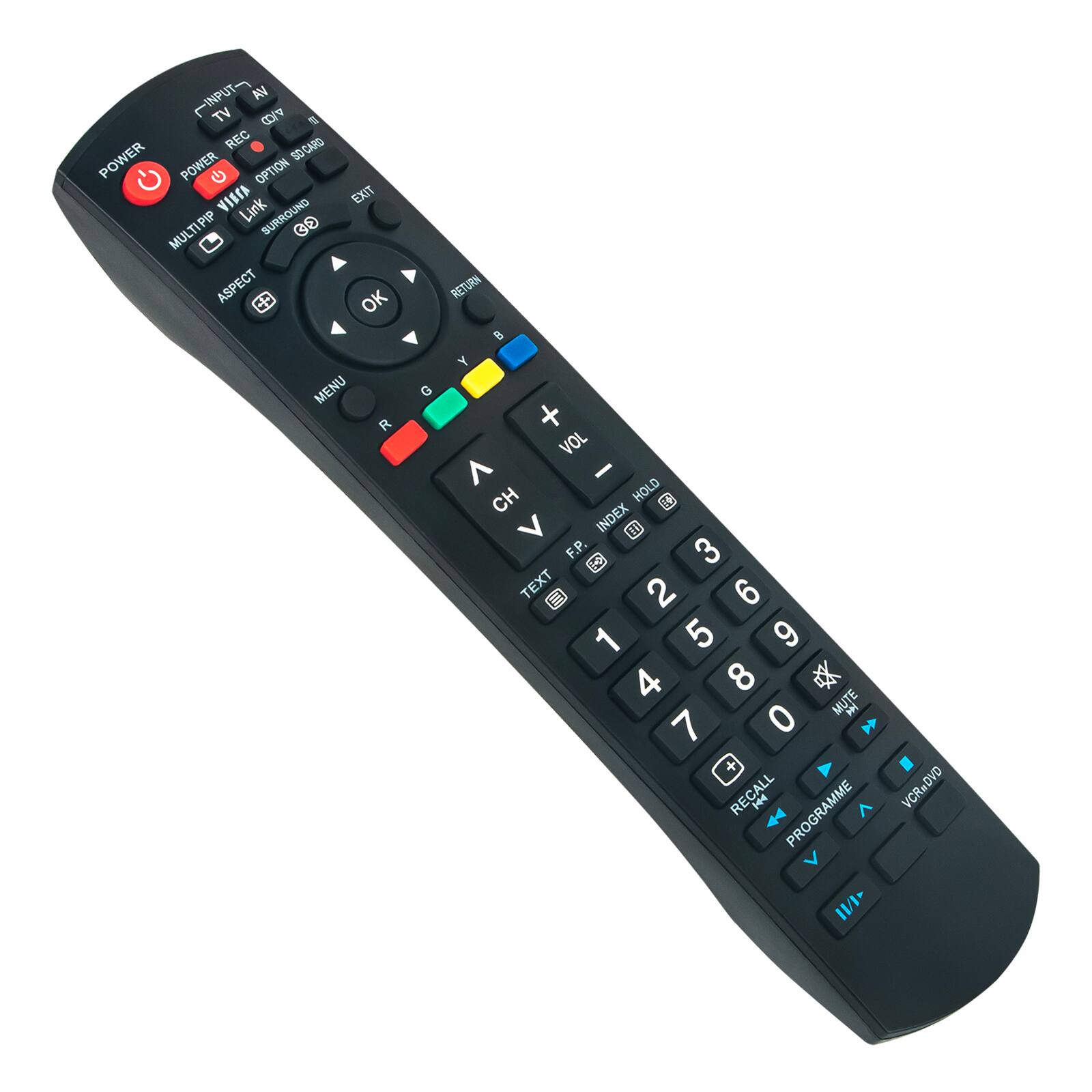 INPUT TV 4/D E REC SO CARD POWER C- POWER G OPTION VISCA EXIT Link SURROUND MULTIPIP 3 ASPECT cE OK MENU R RETURON B Y G + VOL ^ - CH HOLD 4: V INDEX t F.P. 3  TEXT Il 2 6 1 5 9 4 8 MUTE  7 0 + RECALL E PROGRAMME 1 VCR.DVD