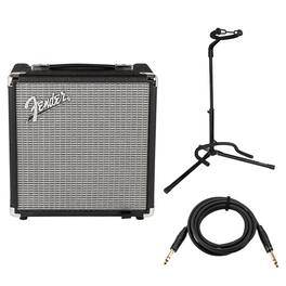 Fender - Rumble 15 V3 Bass Amplifier with 8" Speaker, Black/Silver, Bundle with Adjustable Tripod Guitar Stand and 10'