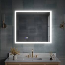 WELLFOR - 36 in. W x 32 in. H Rectangular Surface or Recessed Mount Aluminum Medicine Cabinet with Mirror - Silver